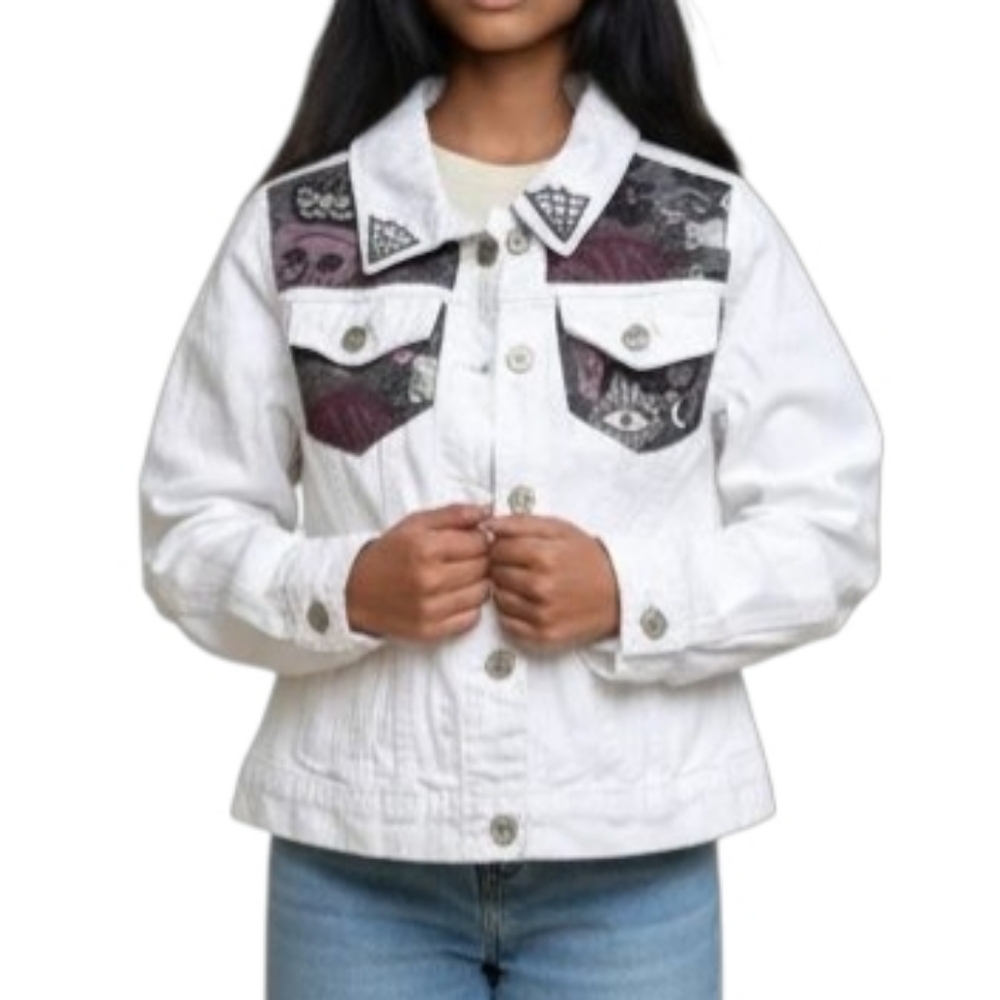 Cats and Crystals Custom Made Jean Jacket in Distressed White Girls Size 10/12